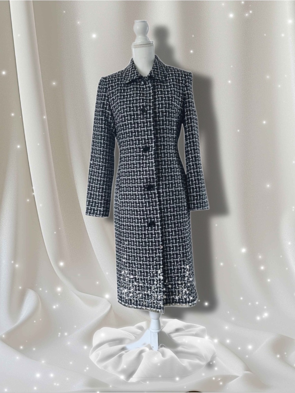 Chic Tweed Black and White Women's Long Coat and Sparkle Details